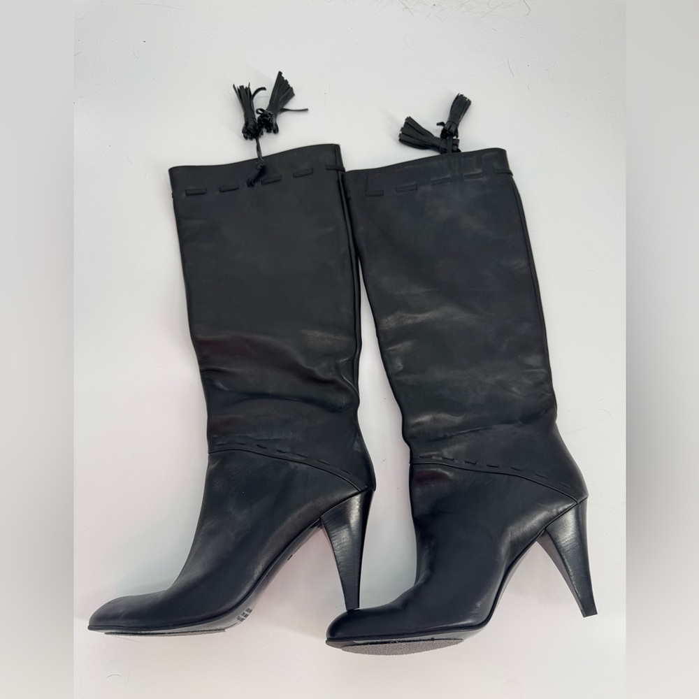 100% Buttery Leather Size 8.5 Black Almond Toe Heeled Boots Made in Italy